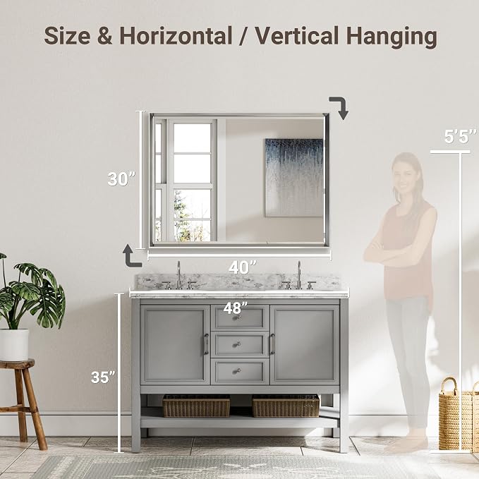 40 x 30 Silver Bathroom Mirror, Large Beveled Silver Bathroom Vanity Mirror, Shatterproof Silver Rectangle Mirror, Silver Metal Framed Mirror for Bathroom Wall, Anti-Rust(Vertical/Horizontal)