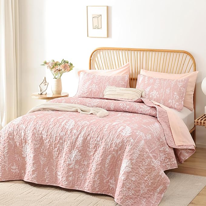 JANZAA Quilts Queen Size Pink Quilt Botanical with Floral Pattern Microfiber Bedspreads Queen Size 3 Pieces Lightweight Comforter Reversible Bedding Set with 2 Pillow Cases