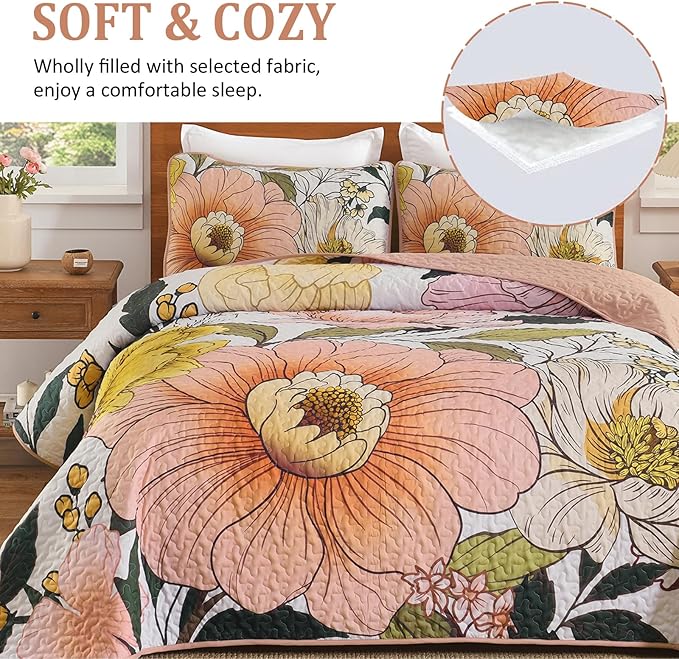 Dintszyayue Pink Quilt Set King, 3 Pieces Floral Bedspreads Lightweight Coverlet Set for All Seasons, Reversible Quilted Printed Bedding Set with 2 Pillow Shams