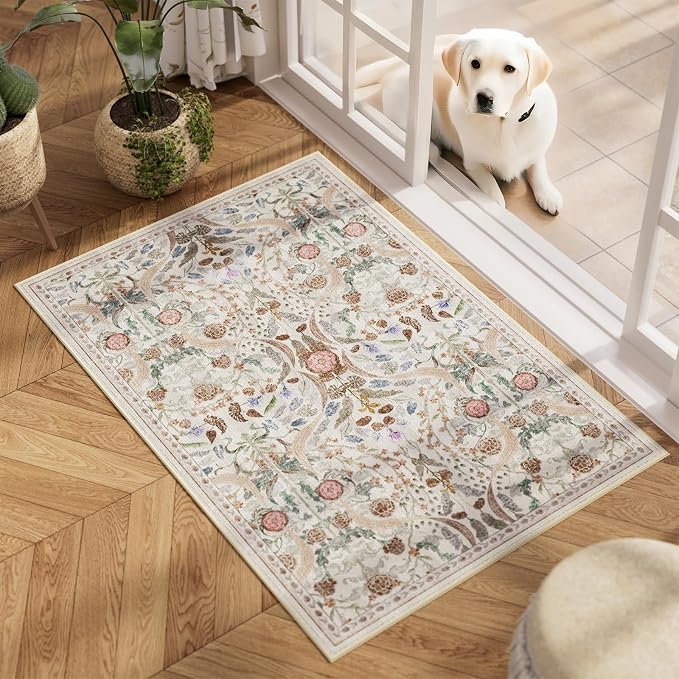 AMTOVO 2x3 Washable Entryway Area Rug Door Mat, Vintage Boho Floral Distressed Print Non-Slip Carpet, Small Throw Rug for Indoor Entrance Kitchen Bedroom Bathroom Laundry Floor, Beige