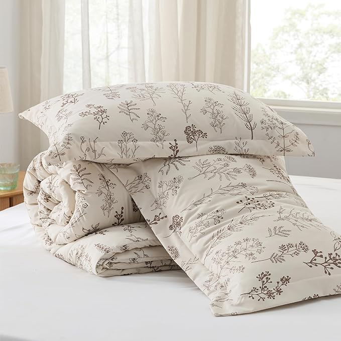 Bedsure Full Comforter Set - Beige Bed Set, 3 Pieces Cute Floral Bedding, 1 Soft Botanical Flowers Comforter and 2 Pillow Shams