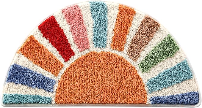 Boho Bathroom Rugs Cute Half Circle Bath Mat 20x37 Inch, Soft and Absorbent Tufted Bohemian Sun Bath Mat Non Slip Washable, Boho Bathroom Decor Rug Colorful Decorations