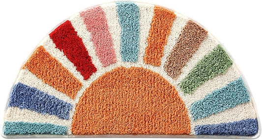 Boho Bathroom Rugs Cute Half Circle Bath Mat 20x37 Inch, Soft and Absorbent Tufted Bohemian Sun Bath Mat Non Slip Washable, Boho Bathroom Decor Rug Colorful Decorations