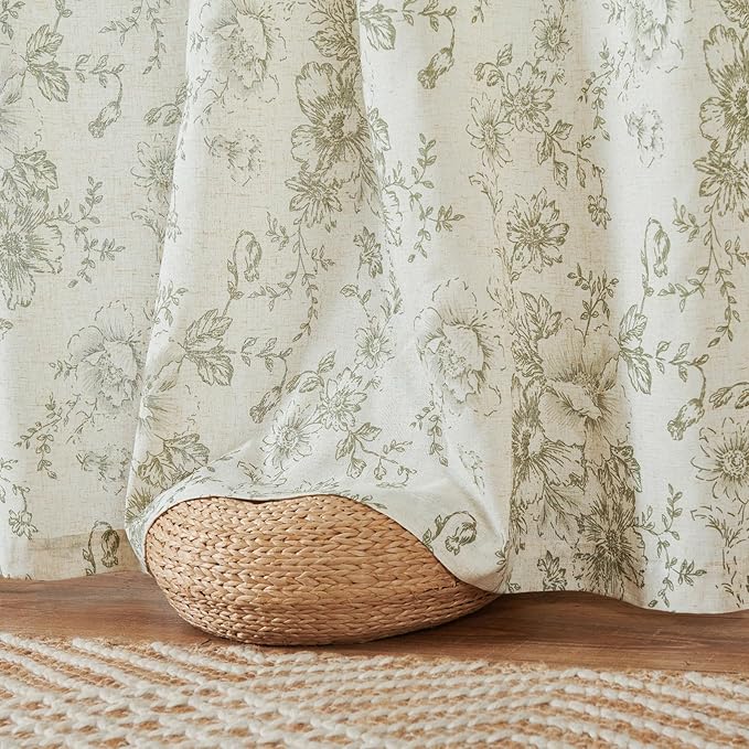 jinachan Linen Floral Curtains 100 Inch Extra Wide for Patio Sliding Glass Door Room Divider Curtain for Living Room 108 Inch Length Farmhouse Peony Christmas Green Printed Curtain Set 1 Panel