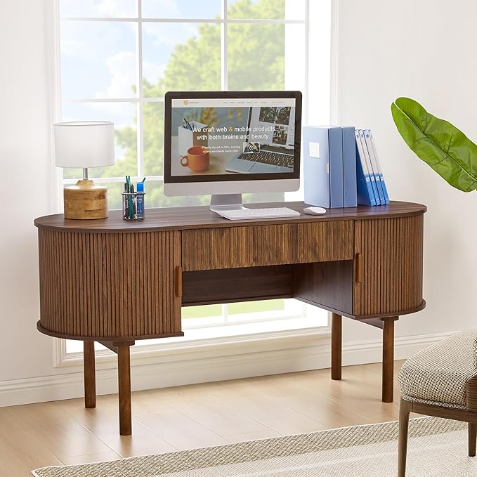 Executive Office Desk with Storage, 63 Inch Large Computer Workstation Desk with Drawer and File Cabinets, Mid Century Modern Fluted Wood Writing Desk for Home Office, Study Room, Living Room, Walnut
