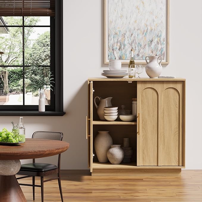 FORTUNETEC Sideboard Buffet Cabinet with Storage, Modern Accent Cabinet with Arched Doors, Boho Modular Media Console, 31.5" Minimalist Credenza for Living Room Kitchen Dining Room Entryway, Oak