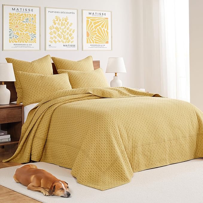 Levtex Home Cross Stitch Reversible Full Bedspread Set (100x104in) with 2 Pillow Shams (26x20in) - Stitch Texture - Ochre - 100% Cotton Full Size Bedspread Set - Lightweight, Soft, Pre-Washed