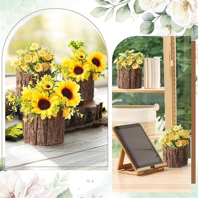 6 Pcs Wooden Vase for Centerpieces Christmas Table Decor Wooden Flower Vase Rustic Bark Stump Buckets Vintage Wood Planter Pots for Xmas Woodland Party Wedding Window Home Farmhouse (Large)