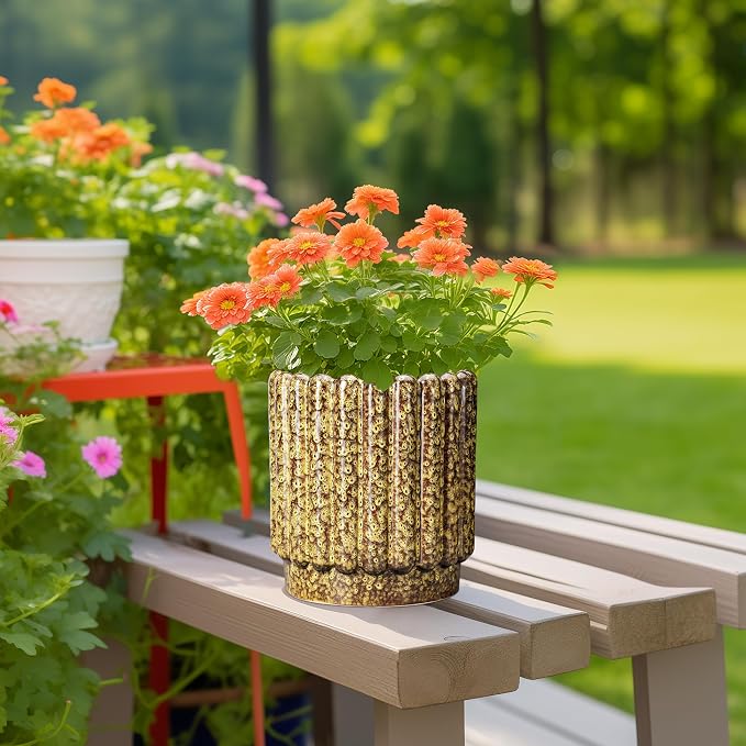 Ceramicfor Ceramic Planter - 7.6 Inch Ceramic Plant Pots Indoor, Round Flower Pots with Drainage Hole, Fluted Decorative Outdoor Planters, Office Home Decor, Plant Lover Gifts, Yellow