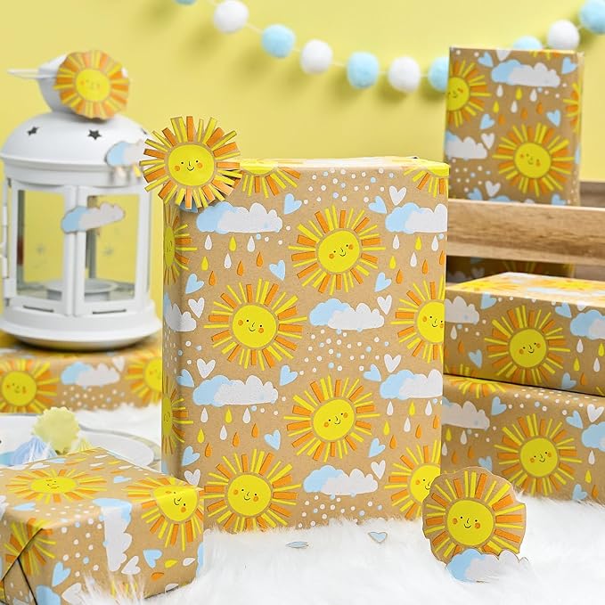 MAYPLUSS Kraft Baby Shower Wrapping Paper, Recyclable Sunshine, Cloud & Heart Design Baby Gift Wrap Paper for Children Birthday, Party, Holiday, Cute Wrapping Paper Mini Roll (17 Inch X 16.5 Feet)