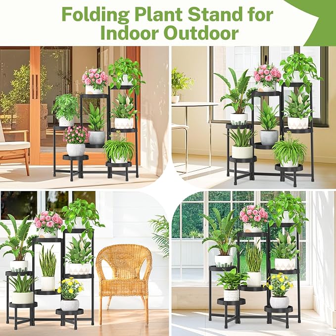 iDavosic.ly 7 Tier Folding Plant Stand Indoor Outdoor with Plastic Tray, Tiered Corner Flower Holder Shelf, Metal Orchid Display Rack for Patio Porch Living Room Garden Balcony, Modern Black