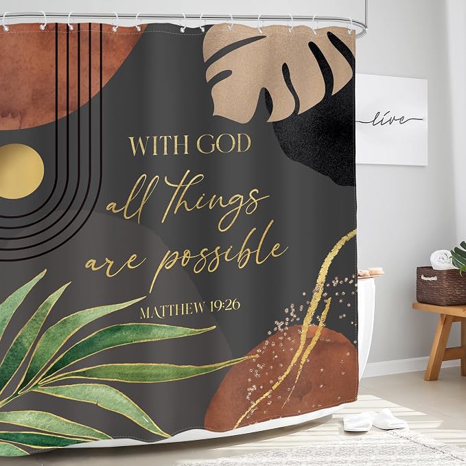 Glawry Dark Green Boho Bible Verse Shower Curtain Christian Inspirational Scriptures Quotes Abstract Tropical Palm Bathroom Mid Century 60Wx72L Inches Bath Accessories Home Decor Fabric 12 Pack Hooks