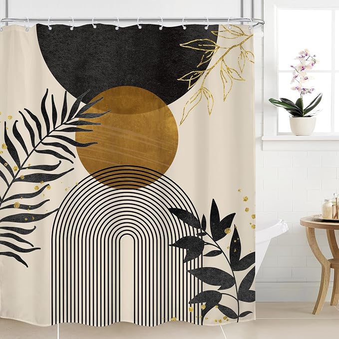 Black Boho Shower Curtain 60Wx72H Modern Bohemian Abstract Brown Tan Mid Century Gold Leaves Plant Botanical Arch Bathroom Decor Minimalist Geometric Bath Curtain Fabric Polyester 12 Pack Hooks