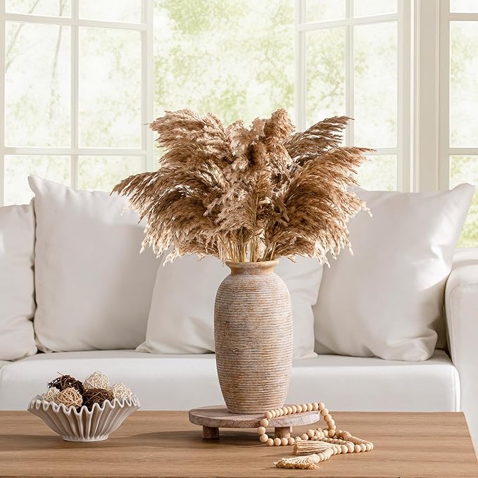 Ceramic Flower Vase, 12.5" Large Rustic Farmhouse Vases Home Decor Tall Pottery Decorative Pampas Vase for Table Living Room Entryway Mantel Bookshelf Bedroom Bathroom Kitchen-Yellow