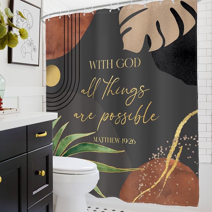 Glawry Dark Green Boho Bible Verse Shower Curtain Christian Inspirational Scriptures Quotes Abstract Tropical Palm Bathroom Mid Century 60Wx72L Inches Bath Accessories Home Decor Fabric 12 Pack Hooks