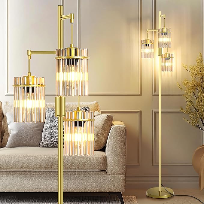 Gold Modern Standing Tall Floor Lamp for Living Room Dimmable, LED Glass Crystal Industrial Tree Lamp for Bedroom, Farmhouse Rustic Home Decor Fancy Light with 3 Bulbs