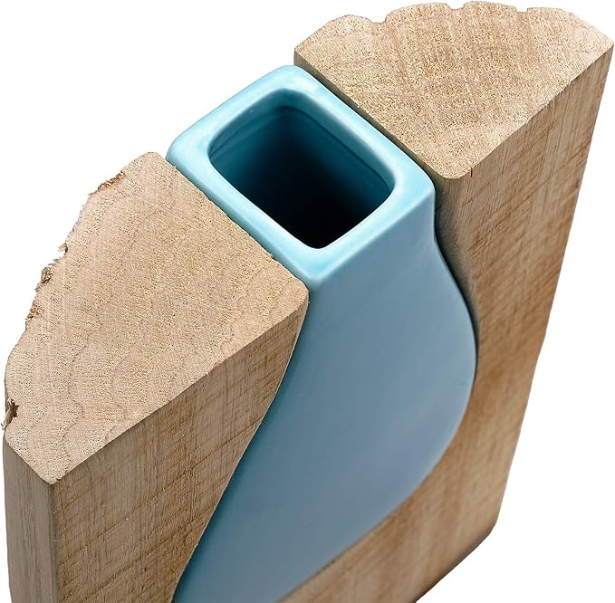 Excello Global Products Matte Teal Glass and Wood Vase - Rustic Flower Vase Decorative Centerpieces for Dining Room Table Coffee Tables Vintage Farmhouse Decor (Short - 8" x 6")