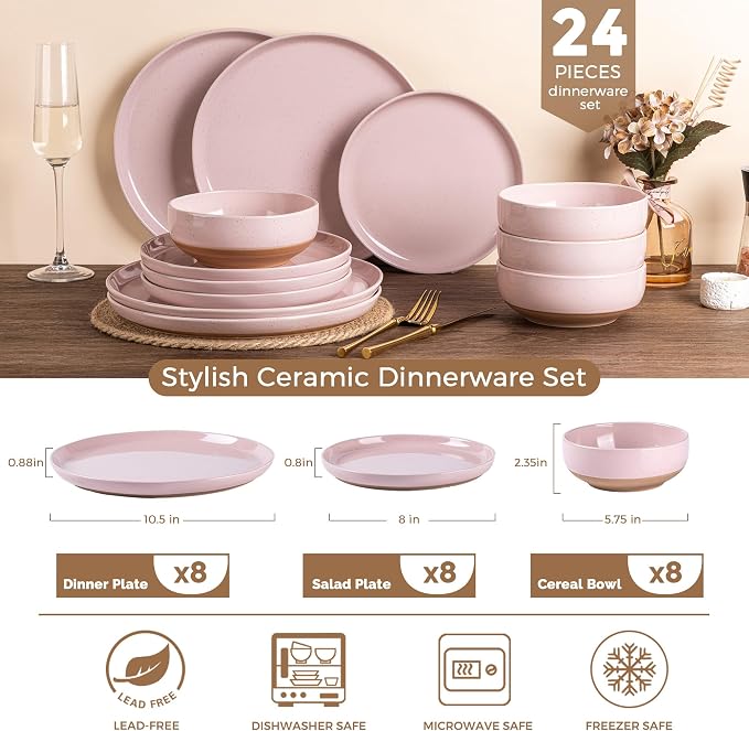 AmorArc Ceramic Dinnerware Sets for 8, 24 Pieces Handpainted Speckled Plates and Bowls Set with Rustic Terracotta Underside, Scratch Resistant Stoneware Dishes Set, Dishwasher & Microwave Safe, Pink
