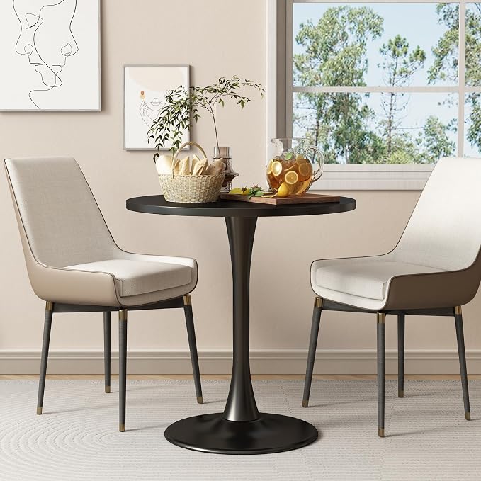 Round Dining Table 27.5" Circle Tulip Table with Wood Thickened Tabletop & Sturdy Metal Pedestal Mid Century Modern Leisure Bistro Kitchen Tables 4 People Small Places Living Room Cafe,Black