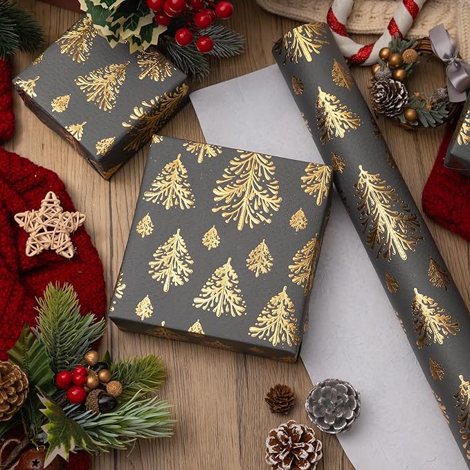 Flyhill Dark Gray Kraft Christmas Wrapping Paper,Lusury Gold 3D Embossed Foil Christmas Trees Design with Woodlands Wrap Paper for Holiday, Party,Celebration, New Year(17 Inch X 32.8 Feet)