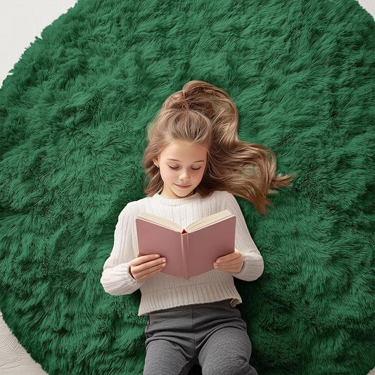 OLANLY Dark Green Round Rugs for Bedroom - Machine Washable, 5 ft Circle Area Rugs for Living Room, Soft and Fluffy Shaggy Carpet for Teen Girls and Boys, Nursery Rooms, Dorms, Home Decor Aesthetic