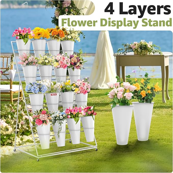 Flower Display Stand 4 Layers with 16 PCS Round Buckets, Plant Stand with Wheels, Movable Metal Plant Stand for Terrace Garden, Florist Shop