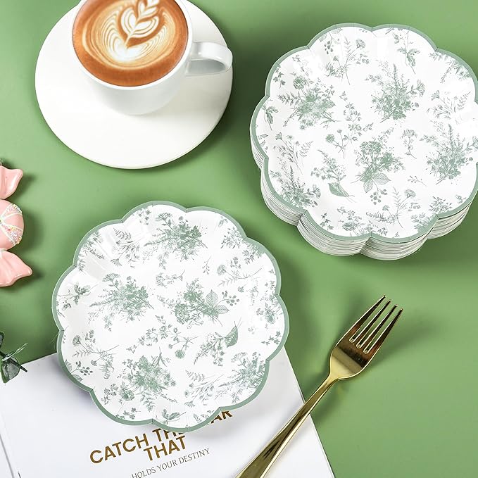Sage Green Floral Leaf Disposable Paper Plates - Wildflower Green Toile 7" Scalloped Rim Dessert Plates for Christmas, Birthday, Bridal & Tea Parties (48)