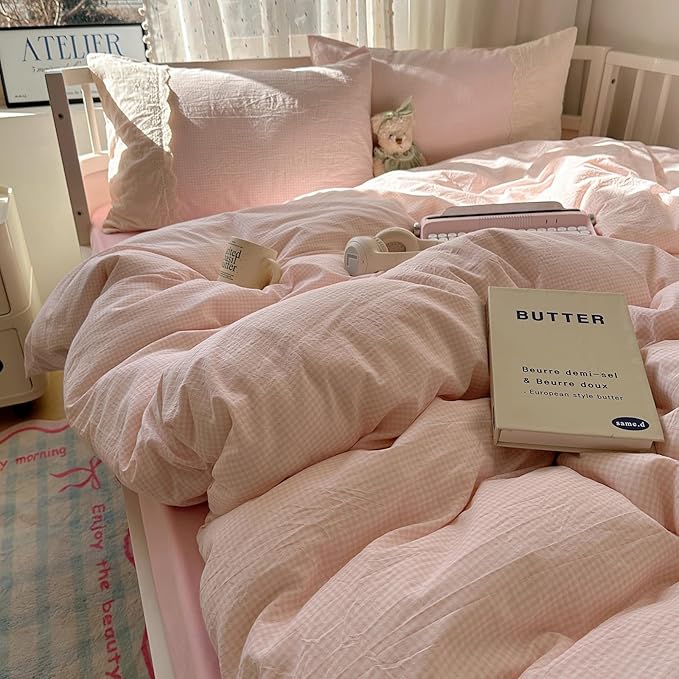 LifeTB Pink Gingham Comforter Set Twin XL Fluffy Soft Princess Style Girls Lace Bedding Set Vintage Plaid Checkered Comforter with 2 Pillowcases Farmhouse Gingham Bedding Grid Bed Comforter Set
