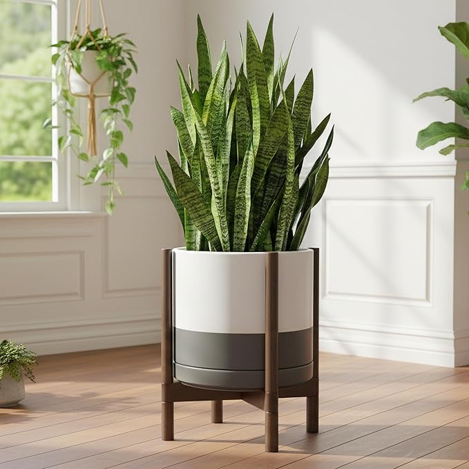 D'vine Dev Ceramic Planter with Walnut Color Stand - 14 Inch Modern Round Flower Pot with Wood Planter Holder, White/Grey, 55-B-T-6