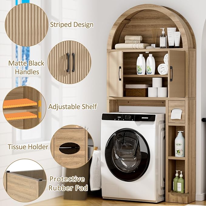 Spurgehom Over The Toilet Storage Cabinet, Bathroom Shelf Organizer Freestanding, Bathroom Arch Cabinet Over Toilet with Toilet Paper Holder and Anti-Tipping Device, Wood