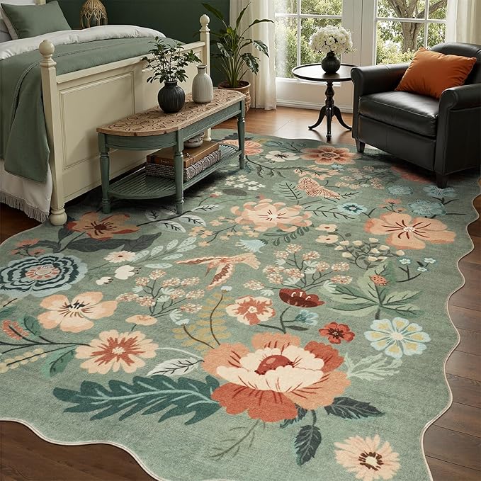 DCX Vintage Floral Rug 5x7, Washable Sage Green Rug for Living Room, Kid & Pet Friendly with Rubber Back Non Slip, Soft Low Pile Carpet, Stain Resistant Rug for Bedroom, Nursery, Dining Room
