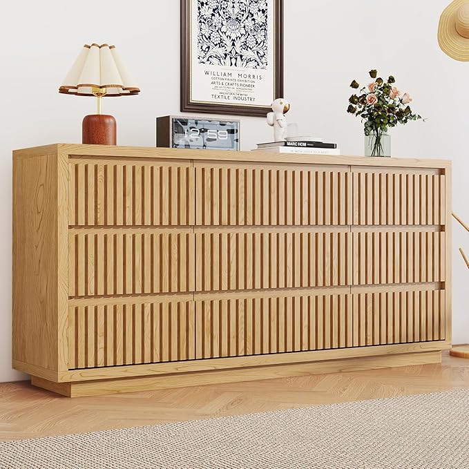 Long Dresser for Bedroom, Large Fluted Dresser with 9 Drawers, 58" Wide Modern Chest of Drawers, Wood Closet Clothes Storage Organizer, Wooden TV Stand for Living Room, Boho, Natural Oak