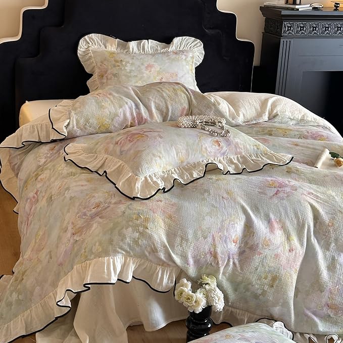 VM VOUGEMARKET Muslin Cotton Duvet Cover Queen Chic Floral Duvet Cover with Romantic Ruffles Soft Linen Like Gauze Comforter Cover with Zip Closure and Corner Ties- 90"x90"
