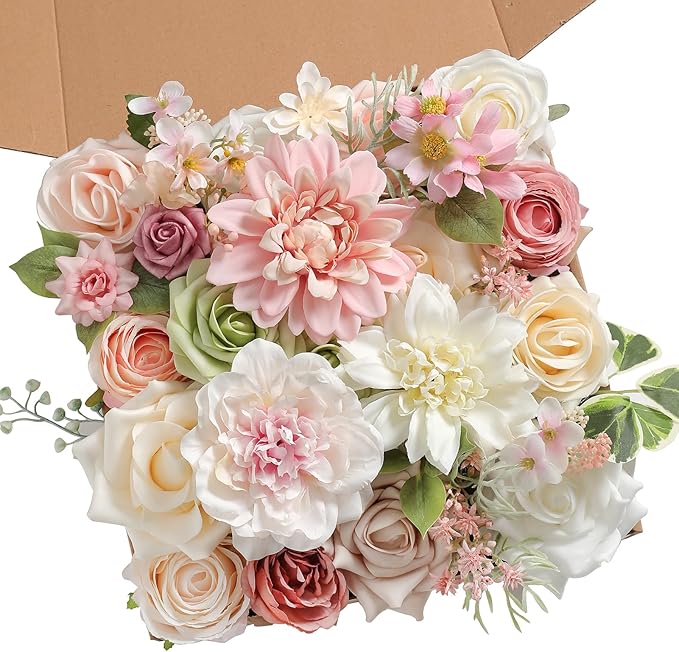 Pink Artificial Flowers Combo Box Set Fake Flowers Bulk Flower Leaf with Stems for DIY Wedding Bouquets Centerpieces Baby Shower Party Home Decorations