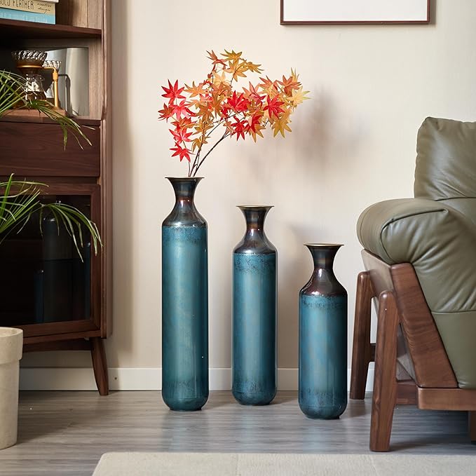Metal Floor Vases Decorative, Set of 3 Flower Arrangement Stand, Tall Blue Metal Floor Vases for Living Room, Bedroom & Entryway, 28.34", 24.4", 20.4" H (Aqua Blue)