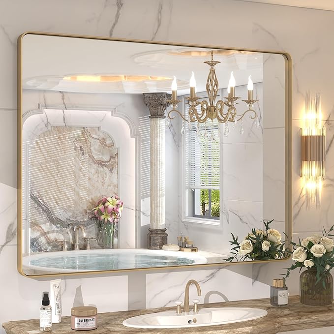 44x36 Gold Framed Mirror for Bathroom, Brushed Gold Brass Bathroom Mirror, Rectangle Gold Bathroom Vanity Mirror for Wall, Shatterproof, Anti-Rust, Hangs Horizontally or Vertically