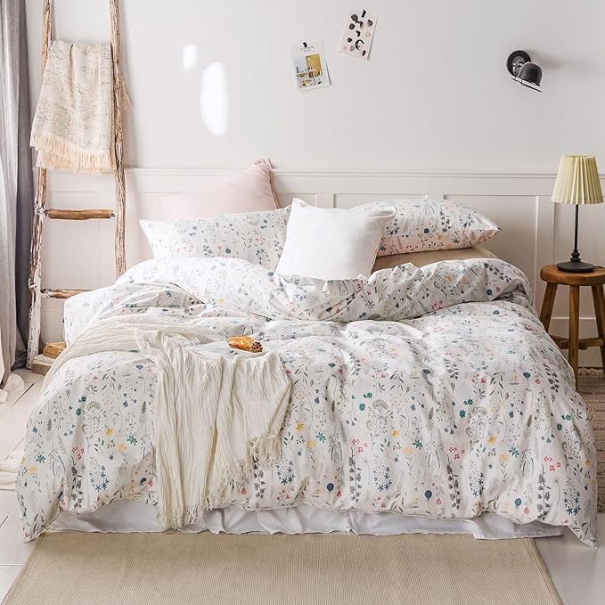 HighBuy Floral Duvet Cover King 100% Cotton Bedding Set King Girls Cottagecore Bedding 3 Piece Comforter Cover King Ultra Soft Garden Floral Duvet Cover King with Zipper Closure,4 Corner Ties