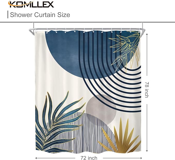 KOMLLEX Mid Century Boho Shower Curtain for Bathroom Decor 72Wx78H Inches Navy Blue Gray Abstract Modern Minimalist Arch Leaves Geometric Neutral Fabric Waterproof Polyester 12 Pack Hooks Pack Hooks