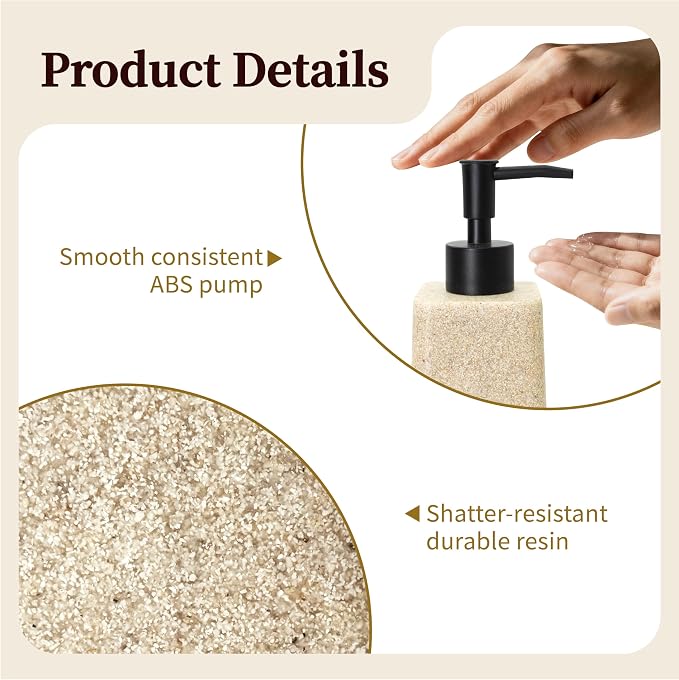 Bathroom & Kitchen Countertop Soap Dispenser, Modern Sandstone-Look Resin Bottle with ABS Pump, Durable Shatter-Resistant 8.5 oz Dispenser (Beige)