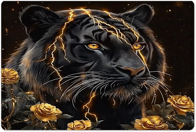 LB Black Gold Tiger Bath Mat for Bathroom 24x16 inches- Aesthetic Gold Rose Floral Abstract Animal Doormat- Memory Foam Non Slip Absorbent Rug for Living Room Floor Bedroom Door Front