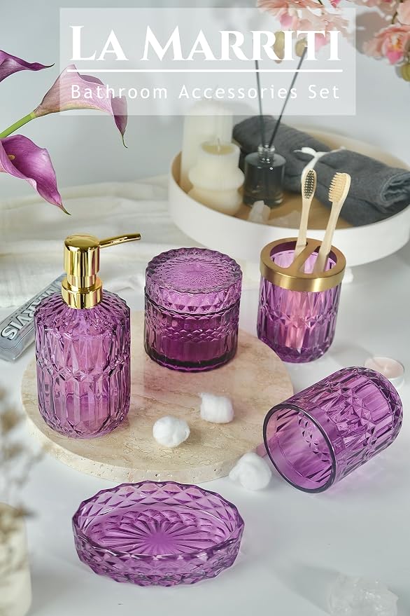 LaMrriti Purple Bathroom Accessories Set 5 Pcs, Glass Bathroom Set, Soap Dispenser and Toothbrush Holder Set, Q-tip Holder Set, Crystal Glass Vintage Bathroom Sink Set, Cute Bathroom Decor