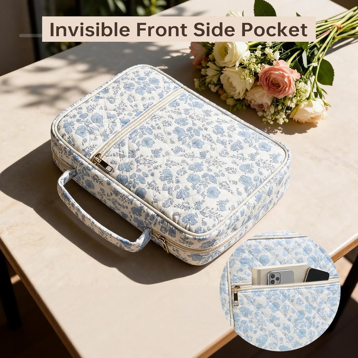 Skiennix Bible Cover - Quilted Large Bible Carrying Case for Women | Blue Floral Design
