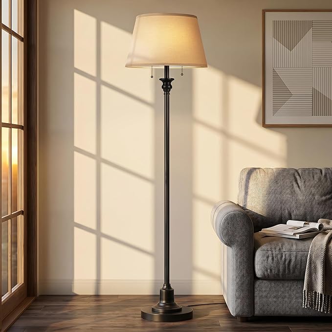 2-Light Floor Lamp for living room, 66.5'' Rustic Farmhouse Pole Lamp with Double Pull Chain, Mid Century Vintage Tall Standing Lamp for Bedroom Home Decor(3 Color Temperatures Bulb Included), Black