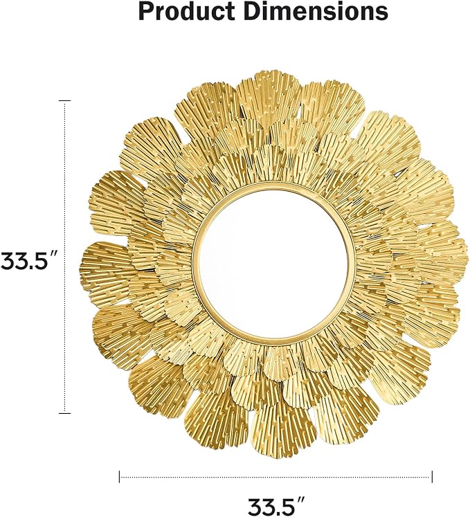 Round Gold Mirror ，33.5" Large Sunburst Mirror with Metal Frame, Wall Decor Mirrors for Hallway,Bedroom, Living Room