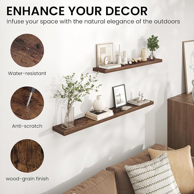 Heimlove Floating Shelves for Wall 32 Inch,Mounted Storage Wood Shelves with Invisible Brackets Hanging Shelf for Bedroom Living Room Kitchen Office,Set of 2,Rustic Brown