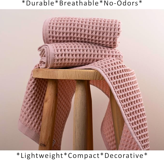 PÜSKÜL Natural 100% Turkish Cotton Waffle Kitchen Towels Set of 3 | Oeko-Tex, Premium Waffle Hand Towels for Bathroom | Soft Absorbent Quick-Dry Lint-Free Dish Towel Large 32x16 inch (3, Pink Powder)