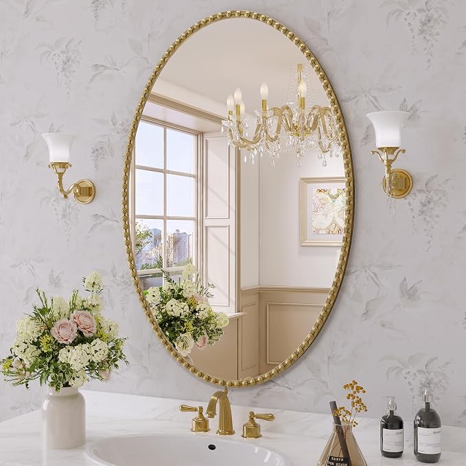 Gold Oval Bathroom Mirror, 22x30 Inch Floral Oval Mirrors for Wall, Antique Gold Metal Floral Frame Mirrors for Bedroom Living Room Hallway, Hangs Horizontally or Vertically