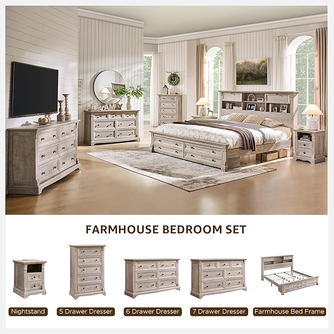 Farmhouse 6 Drawers Dresser for Bedroom, 54" Wide Large Dressers & Chests of Drawers w/Roman Column, Wooden Dresser TV Stand with Large Drawers for Nursery Bedroom Living Room Hallway,Light Rustic Oak
