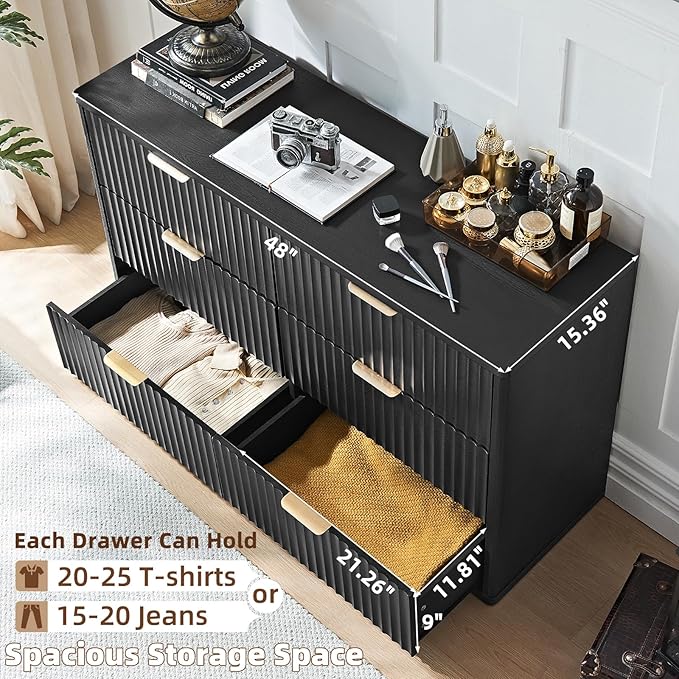 LEYAOYAO Fluted 6 Drawers Dresser for Bedroom, 48" Wide Modern Chest of Drawers with Metal Handle, Black Curved Profile Farmhouse Closet Organizer Wood Dressers TV Stand for Living Room, Hallway