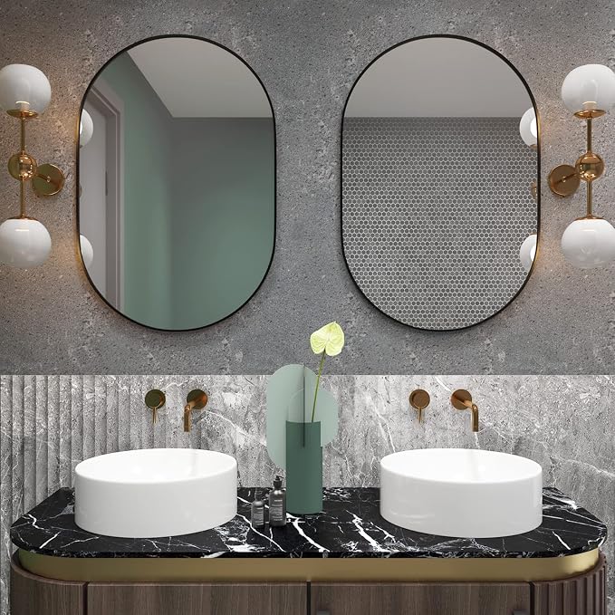 2 Piece Oval Bathroom Mirror Capsule Wall Vanity Mirror, 20"x30" Pill Mirrors Wall Mounted Mirror, Large Modern Mirror with Black Metal Frame, Decor for Entryway, Bedroom, Living Room